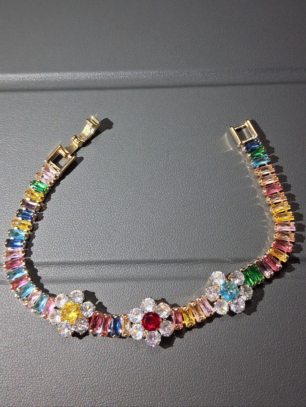 Gold-Tone Multicolor Tennis Bracelet - Floral Accents